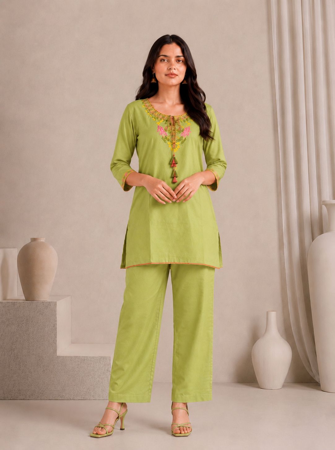 LAEMEEO Green Cotton Kurta with Pants Set