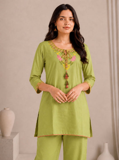 LAEMEEO Green Cotton Kurta with Pants Set