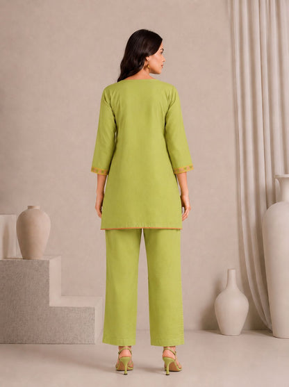 LAEMEEO Green Cotton Kurta with Pants Set