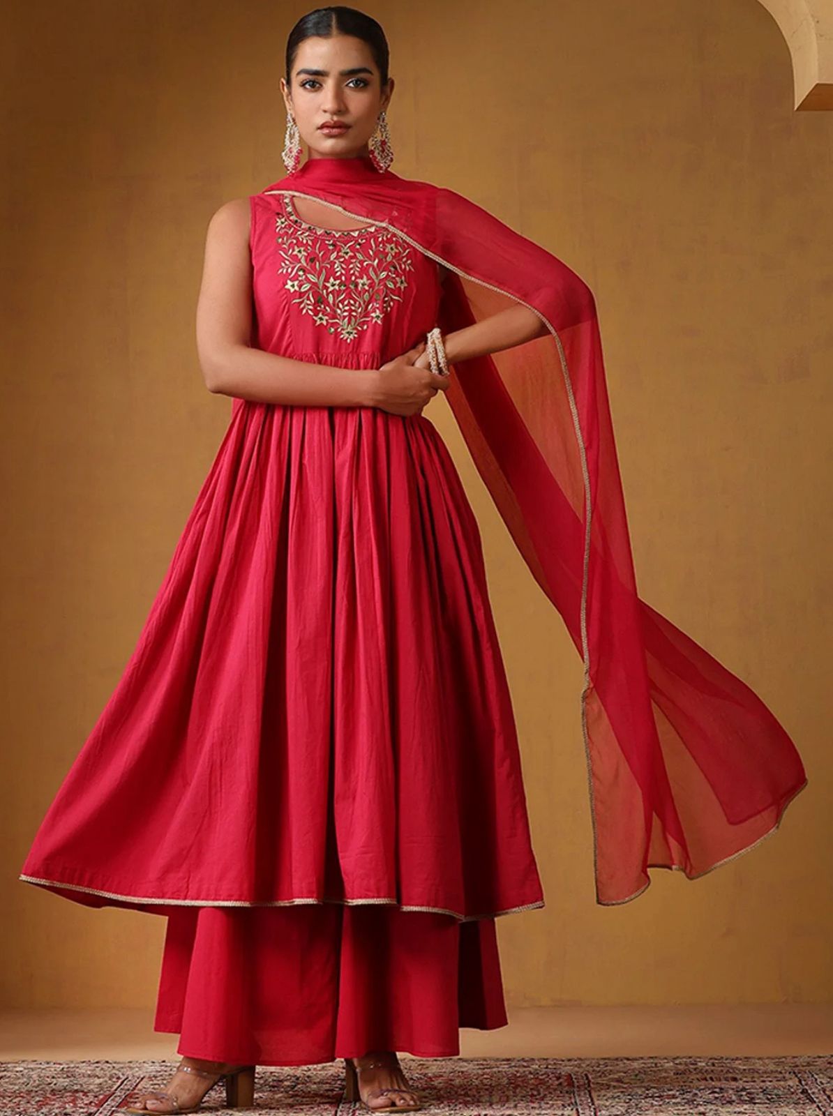 LAEMEEO Women's Ethnic Motifs Embroidered Thread Work Kurta with Palazzos & Dupatta
