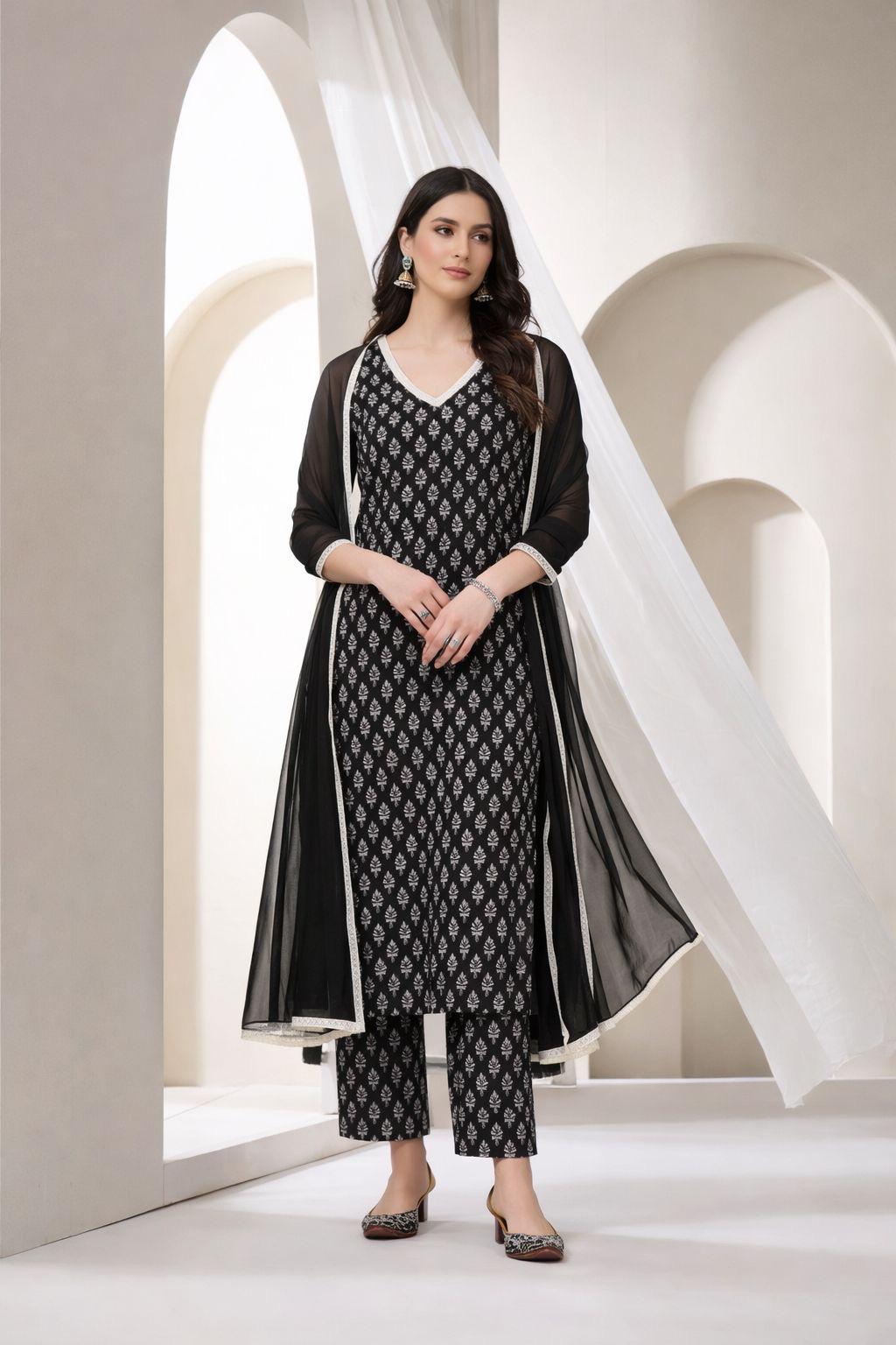 LAEMEEO Women's Floral Printed Regular Pure Cotton Kurta with Pant & With Dupatta