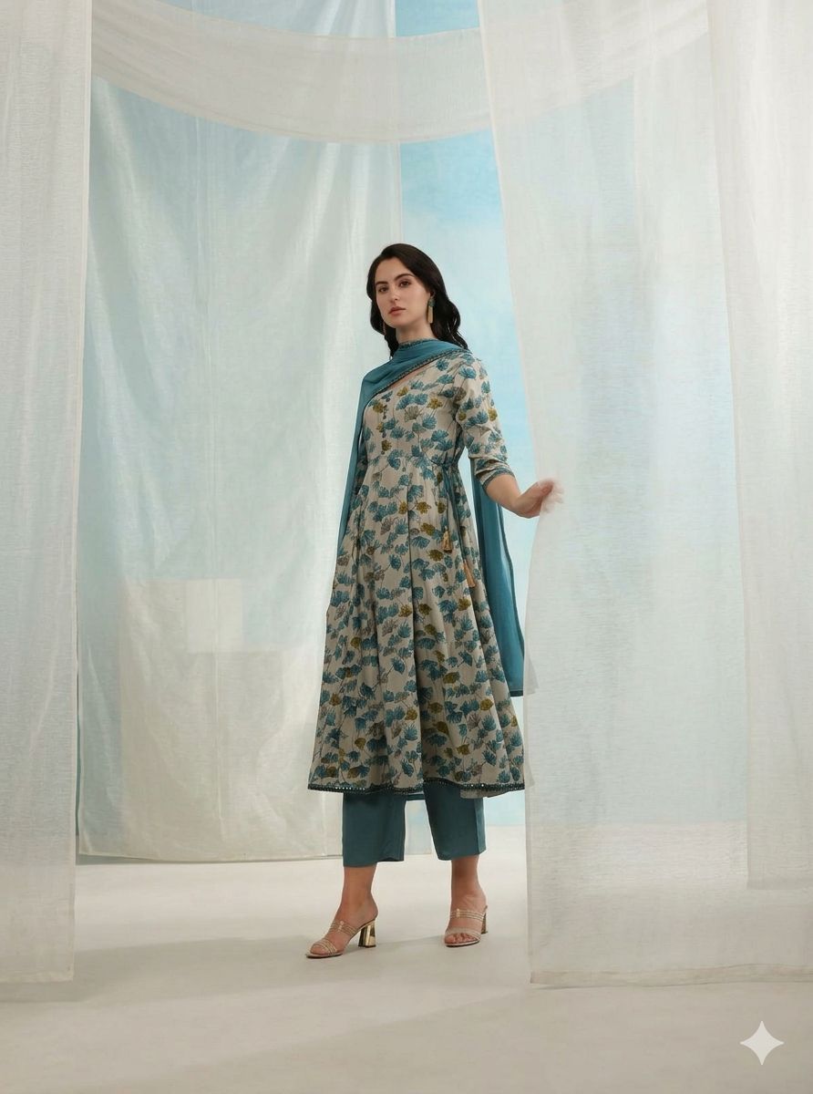 LAEMEEO Womens's Floral Printed Empire Kurta with Pant & With Dupatta