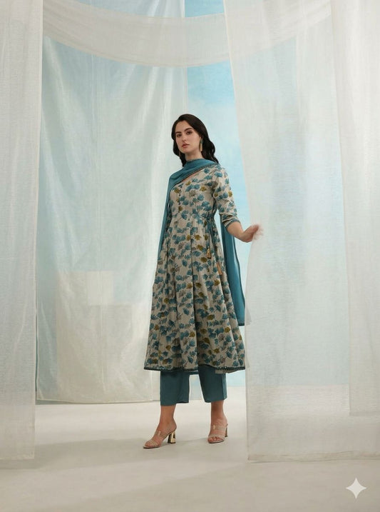 LAEMEEO Womens's Floral Printed Empire Kurta with Pant & With Dupatta