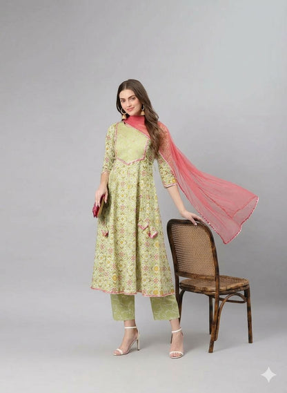 LAEMEEO Women's Green & Pink Printed Pure Cotton Kurta with Pant & Dupatta