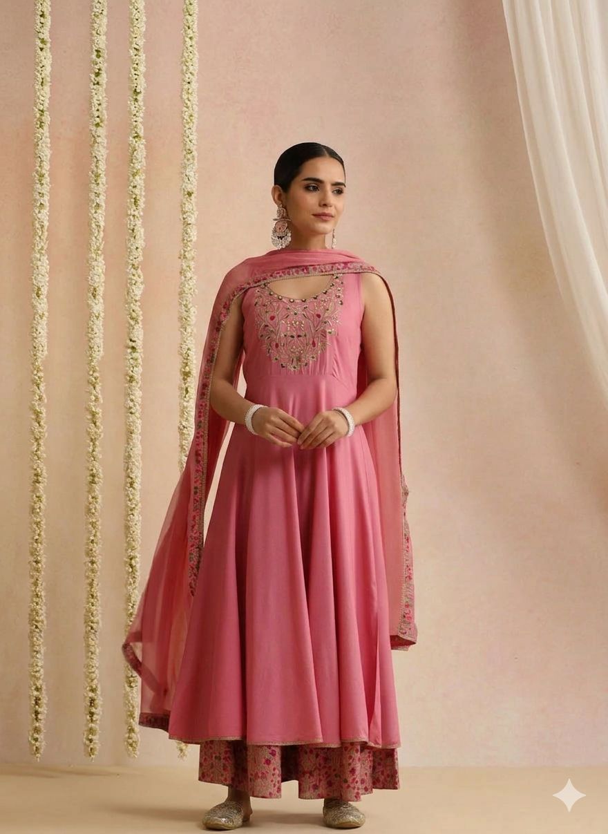 LAEMEEO Women's Embroidered A-Line Kurta with Palazzos & Dupatta