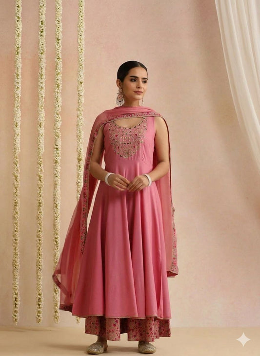 LAEMEEO Women's Embroidered A-Line Kurta with Palazzos & Dupatta