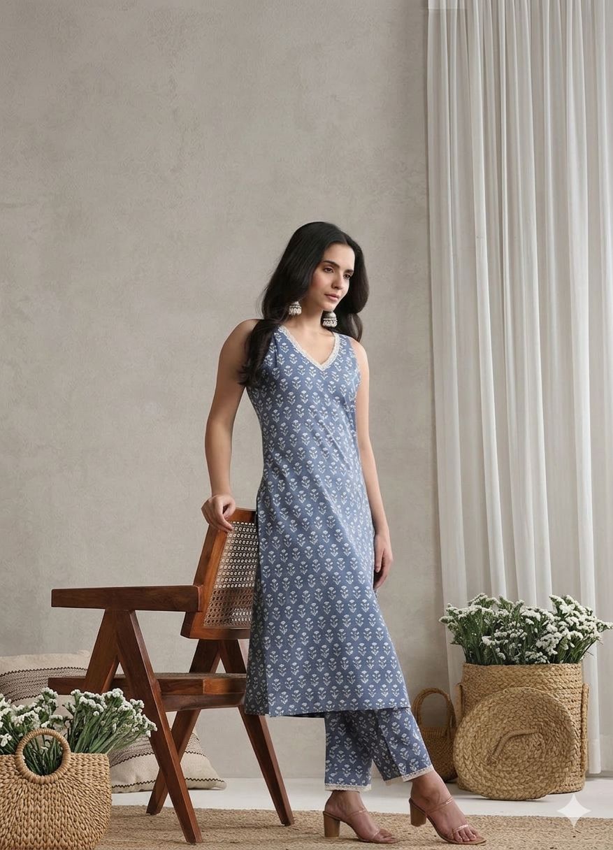 LAEMEEO Women's Floral Printed Regular Pure Cotton Kurta with Pant, 2 Pcs set