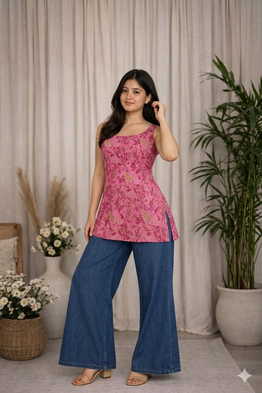 LAEMEEO Pink Floral Printed Cotton Short Kurti with Tie-Up Back