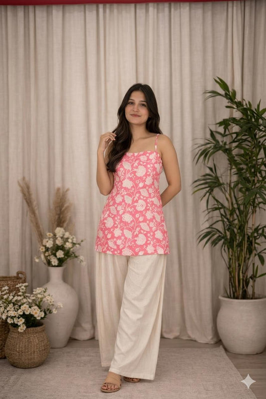 LAEMEEO Pink Floral Printed Cotton Short Kurti with Back Tie-Up