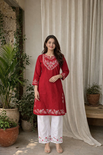 LAEMEEO Red Embroidered Cotton Kurta with White Pant, 2pcs