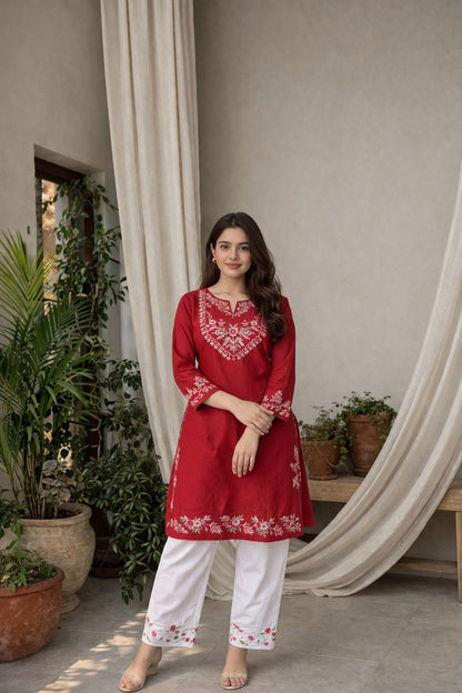 LAEMEEO Red Embroidered Cotton Kurta with White Pant, 2pcs