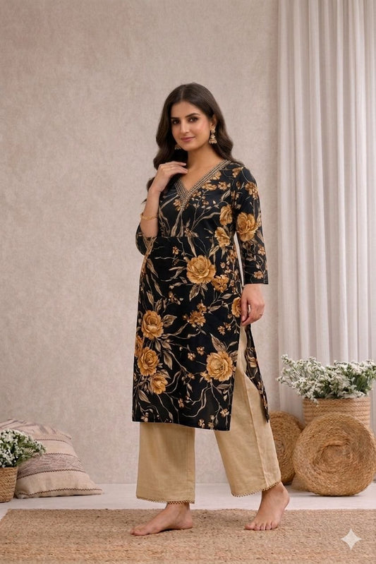 LAEMEEO Floral Printed Straight Kurti