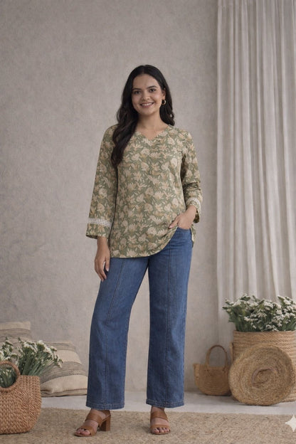 LAEMEEO Sage Green Floral Lace-Up Back Short Kurti