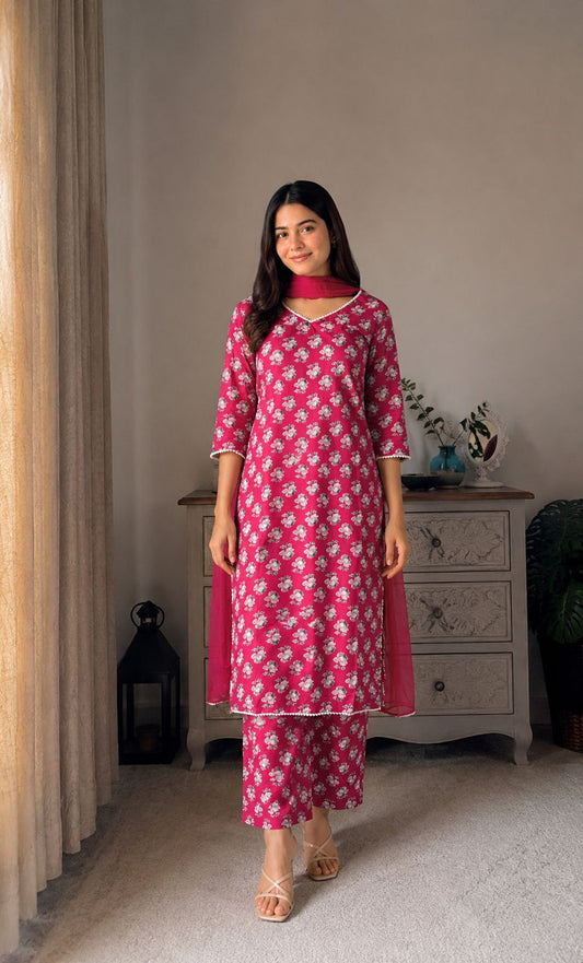 LAEMEEO Women Floral Printed Regular Pure Cotton Kurta with Pant & With Dupatta