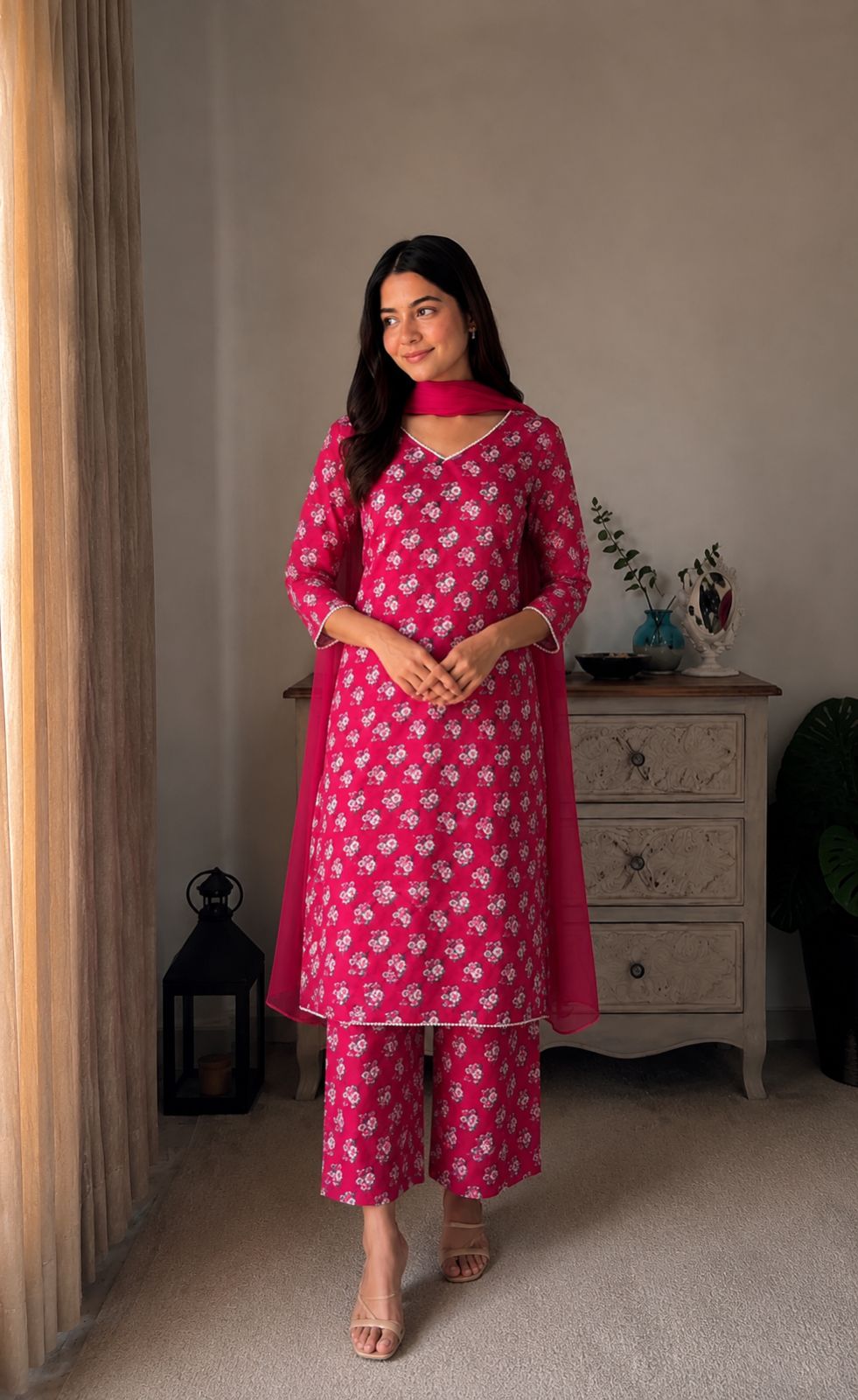 LAEMEEO Women Floral Printed Regular Pure Cotton Kurta with Pant & With Dupatta