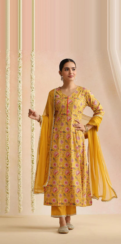 LAEMEEO Women's Floral Printed Cotton A-Line Kurta with Trousers & Dupatta