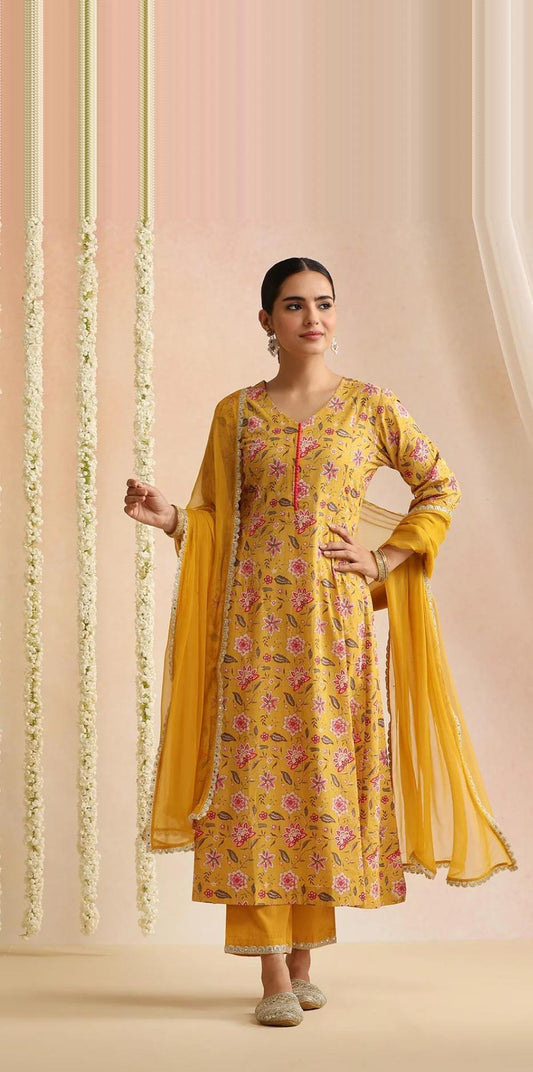 LAEMEEO Women's Floral Printed Cotton A-Line Kurta with Trousers & Dupatta